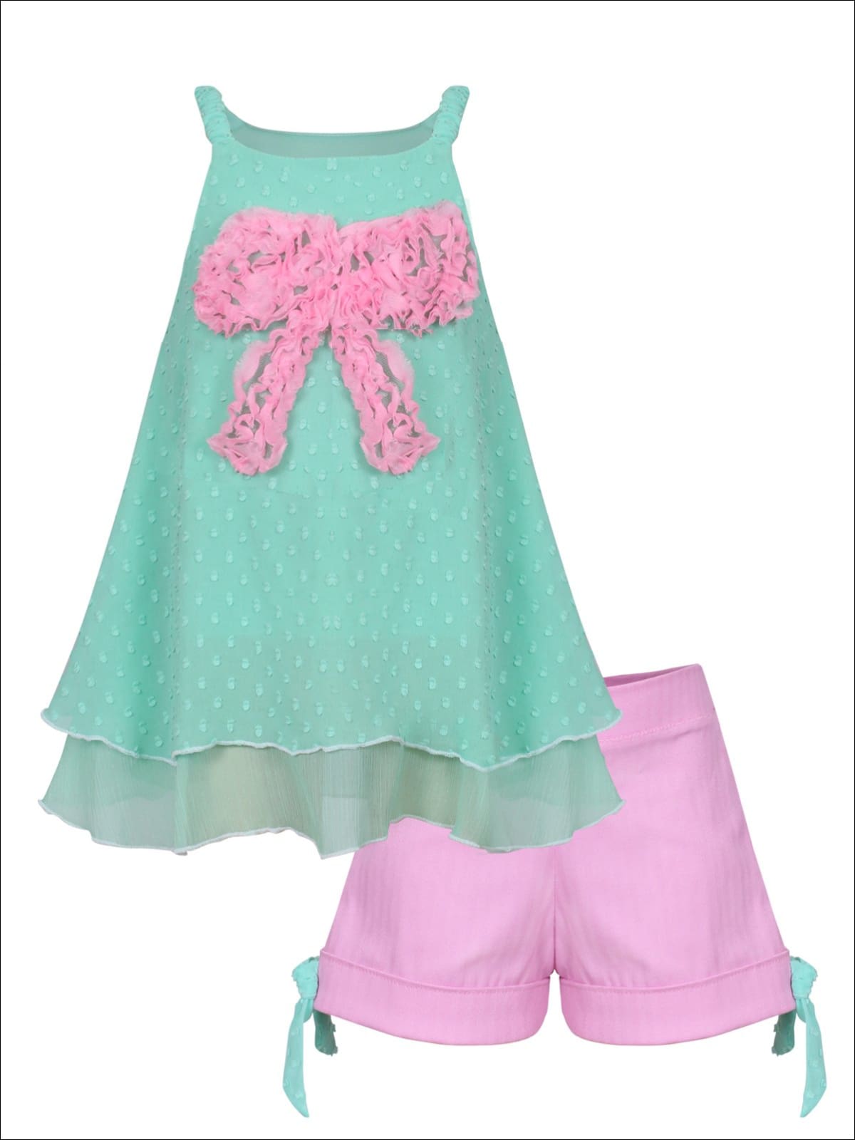 Girls Trimmed Double Layer Swing Tunic & Cuffed Bow Short Set - Mint / 2T/3T - Girls Spring Dressy Set