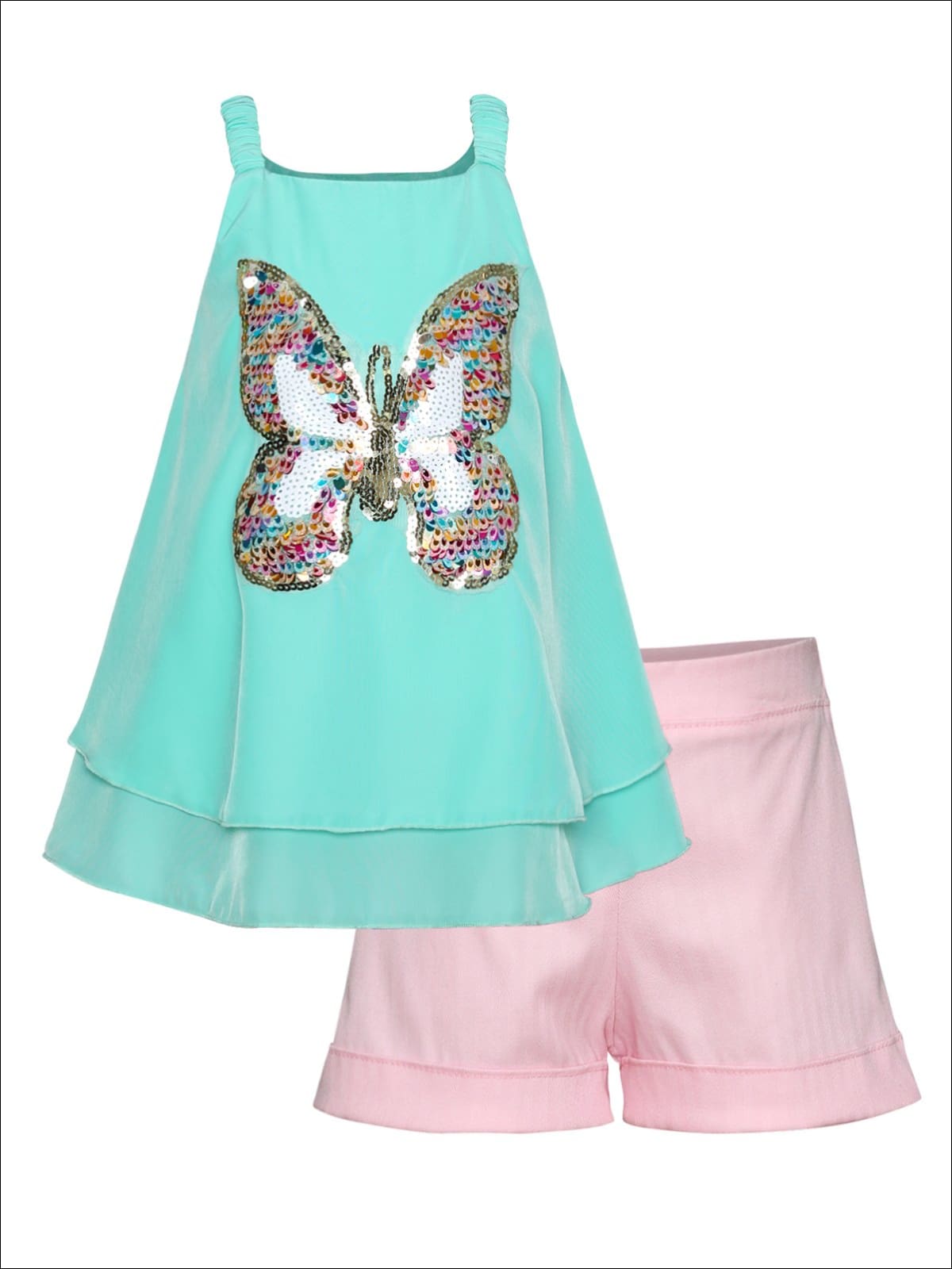 Girls Trimmed Double Layer Swing Tunic & Cuffed Bow Short Set - Multicolor / 2T/3T - Girls Spring Dressy Set