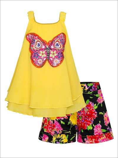 Girls Trimmed Double Layer Swing Tunic & Cuffed Bow Short Set - Yellow / 2T/3T - Girls Spring Dressy Set
