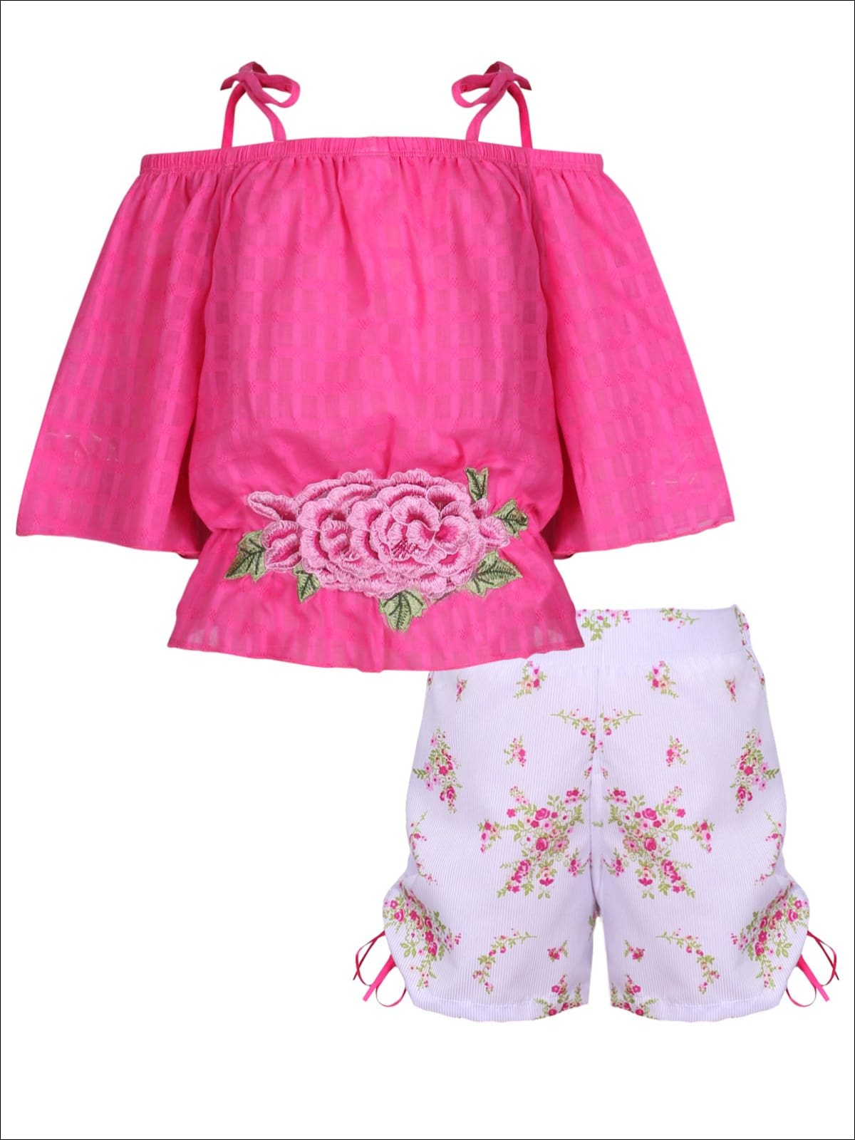 Girls Trimmed Off the Shoulder Strap Flare Sleeve Tunic & Drawstring Shorts Set - Fuchsia / 2T/3T - Girls Spring Casual Set