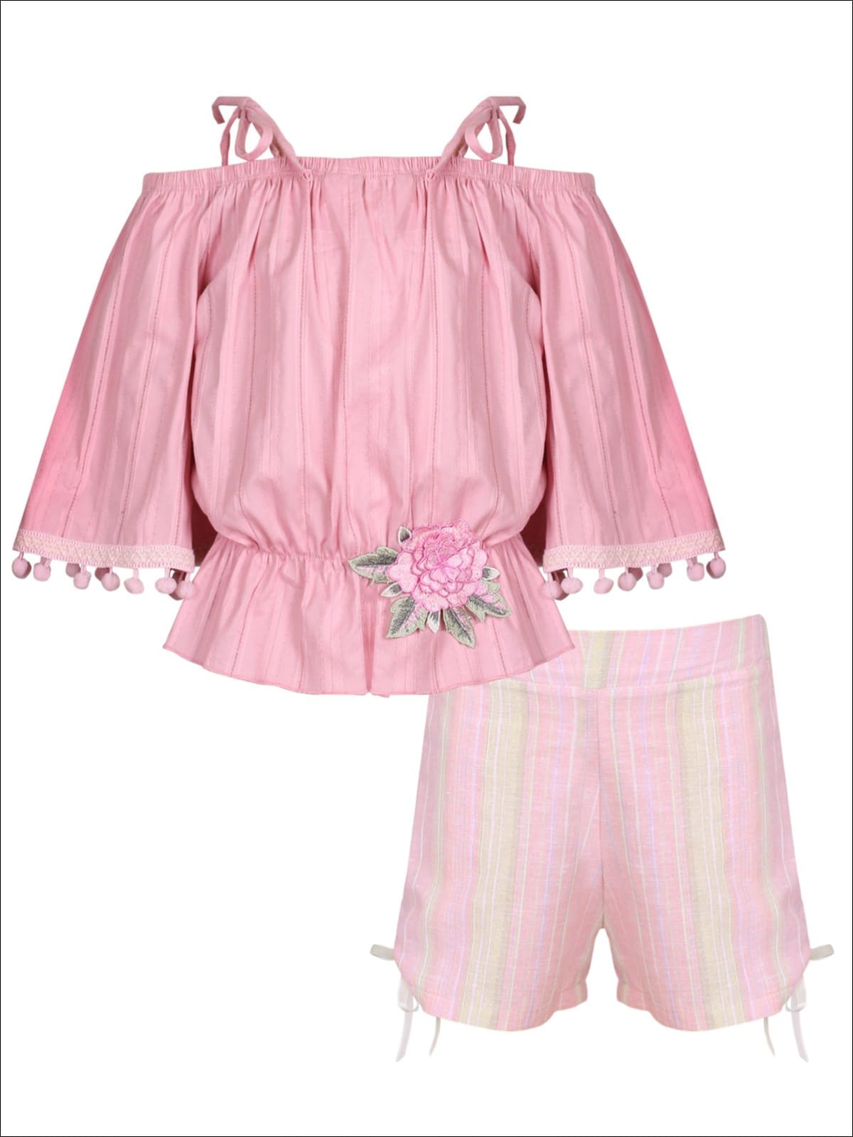 Girls Trimmed Off the Shoulder Strap Flare Sleeve Tunic & Drawstring Shorts Set - Pink / 2T/3T - Girls Spring Casual Set