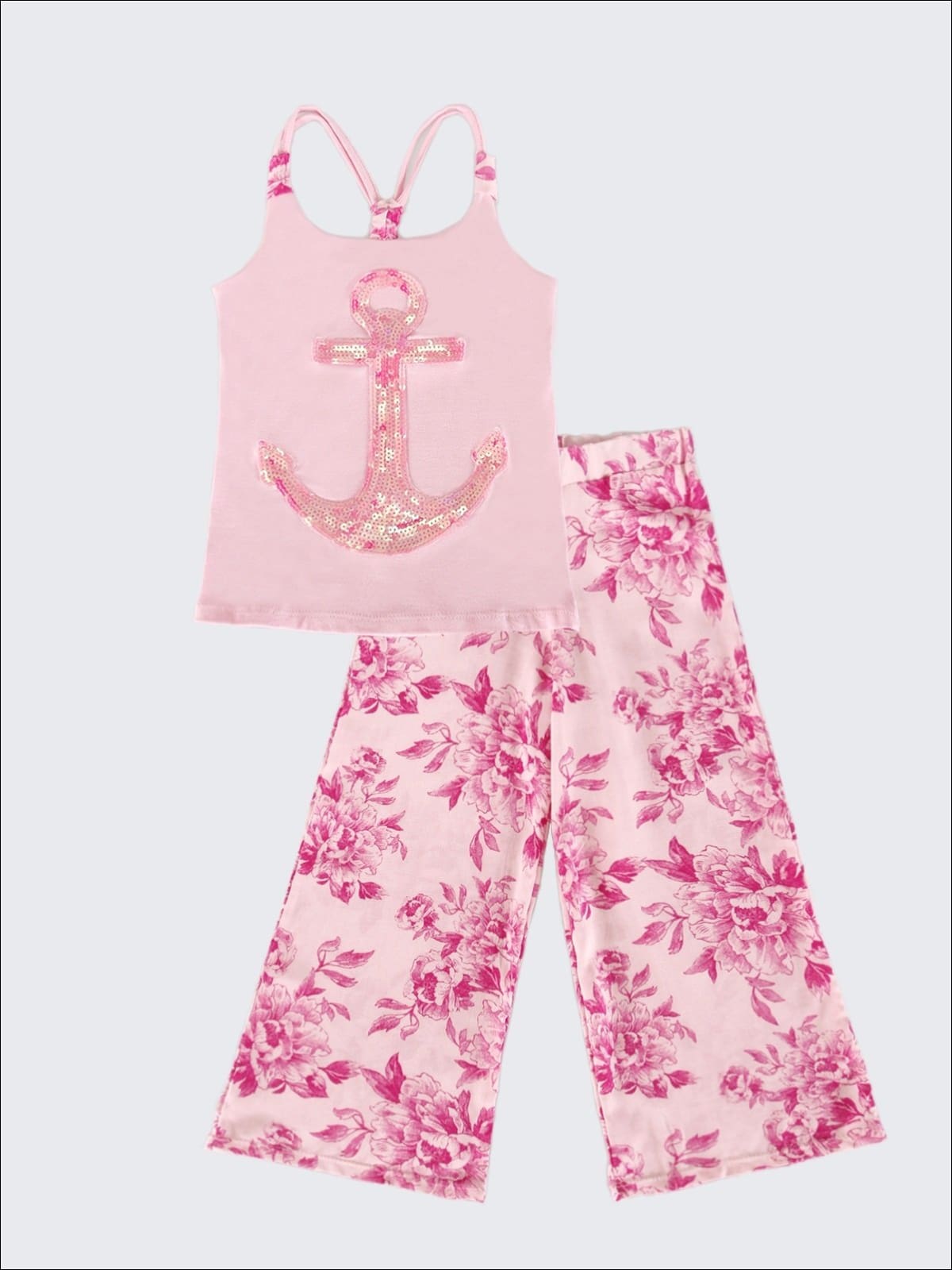 Girls Trimmed Scrunch Back Tank & Palazzo Pants Set - Pink / 2T/3T - Girls Spring Casual Set