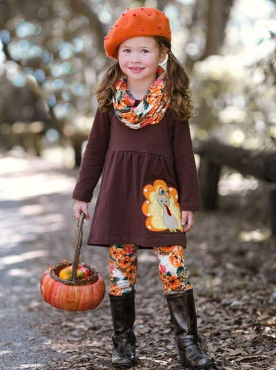 Girls Turkey Applique Floral and Gobble Till You Wobble Long Sleeve Tunic Leggings and Scarf Set - Brown / 2T - Girls Thanksgiving Set