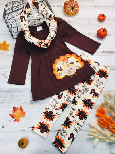 Girls Turkey Applique Floral and Gobble Till You Wobble Long Sleeve Tunic Leggings and Scarf Set - Creme / 3T - Girls Thanksgiving Set