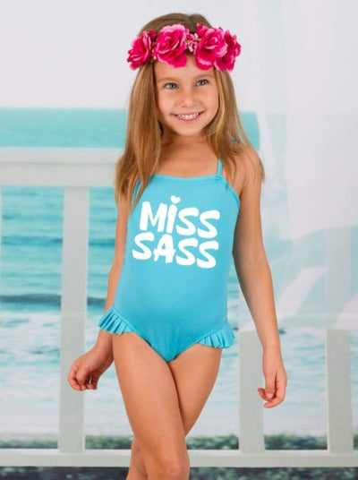 Girls Turquoise Flutter Sleeve Miss Sass Side Ruffle One Piece Swimsuit - Girls One Piece Swimsuit