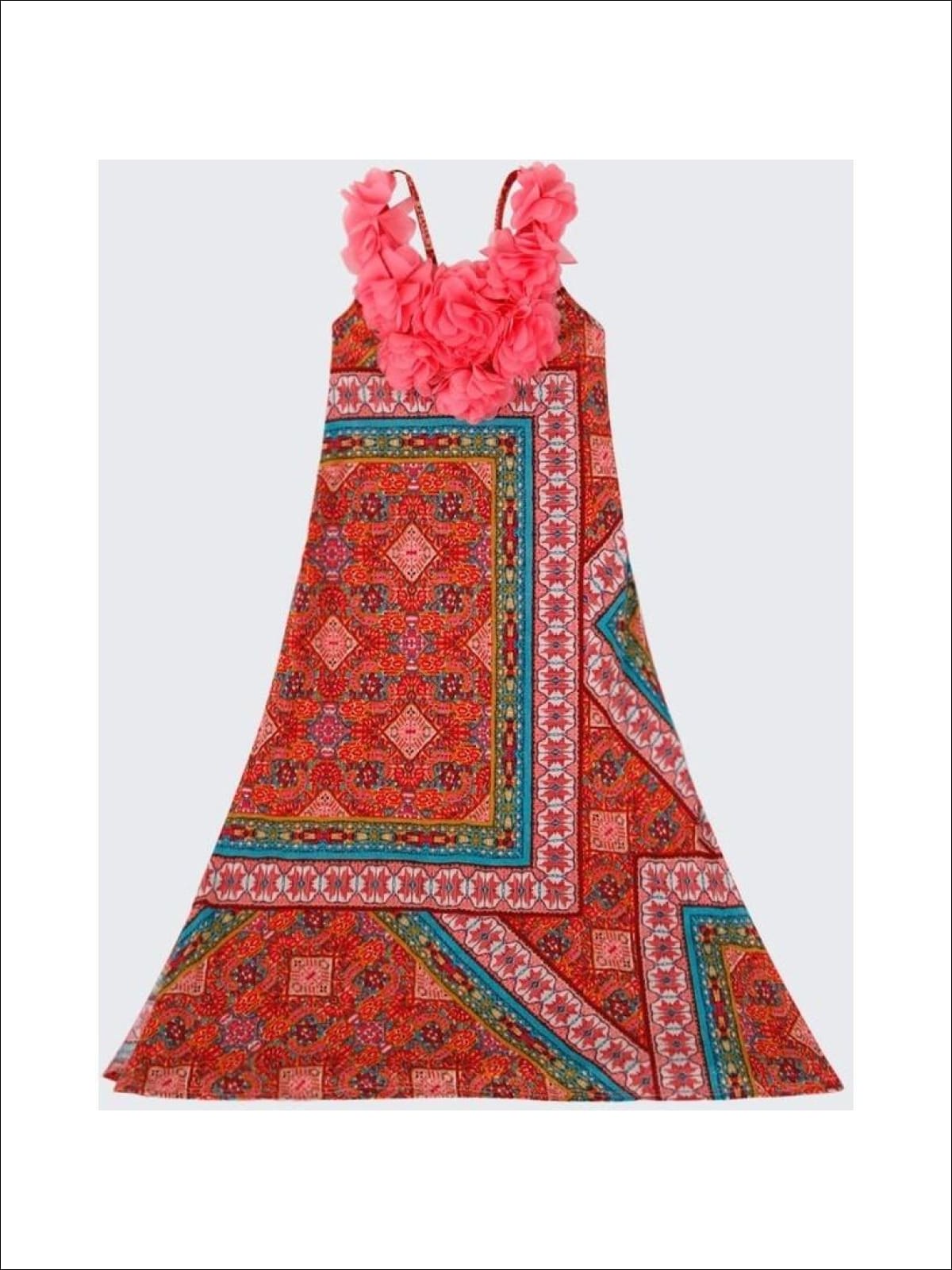 Girls Turquoise & Red Geometric Print Maxi Dress - Turquoise/Red / 2T/3T - Girls Dress