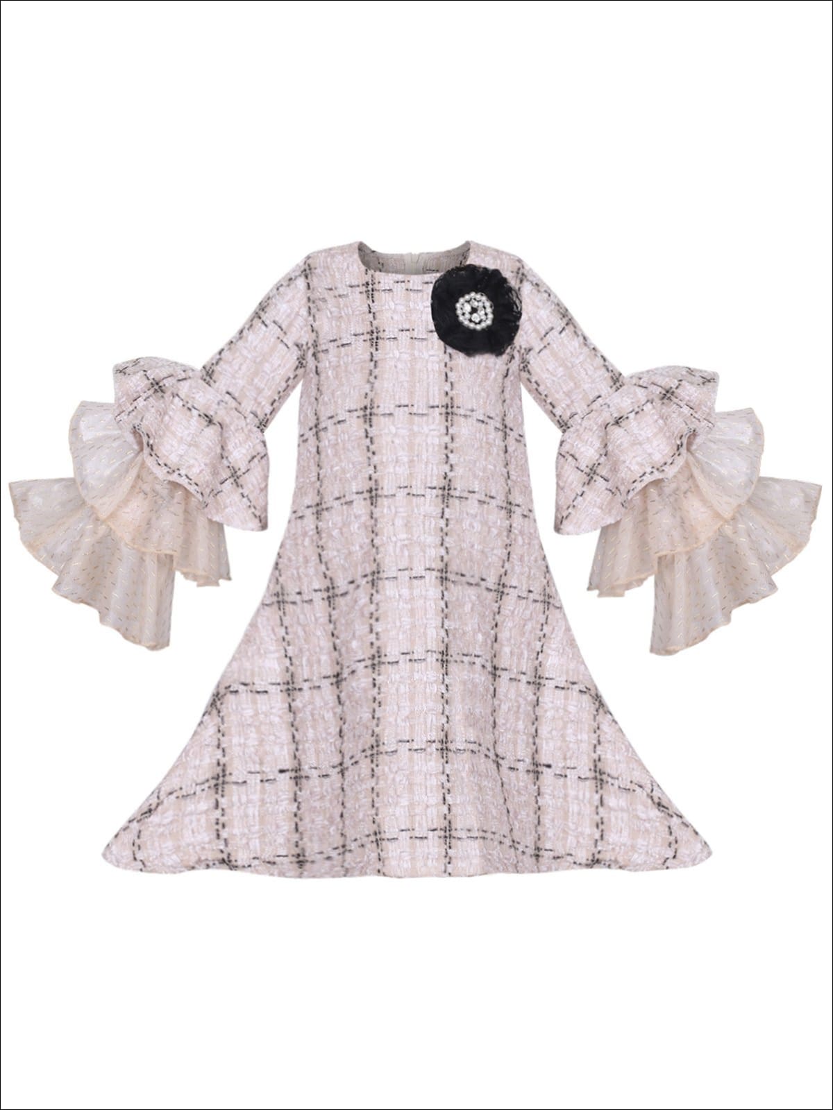 Girls Tweed Lace Tiered Ruffled Sleeve Dress - Beige / 2T/3T - Girls Spring Dressy Dress