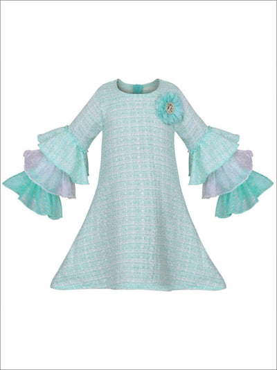 Girls Tweed Lace Tiered Ruffled Sleeve Dress - Mint / 2T/3T - Girls Spring Dressy Dress