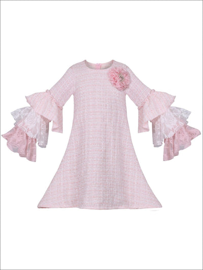 Girls Tweed Lace Tiered Ruffled Sleeve Dress - Pink / 2T/3T - Girls Spring Dressy Dress