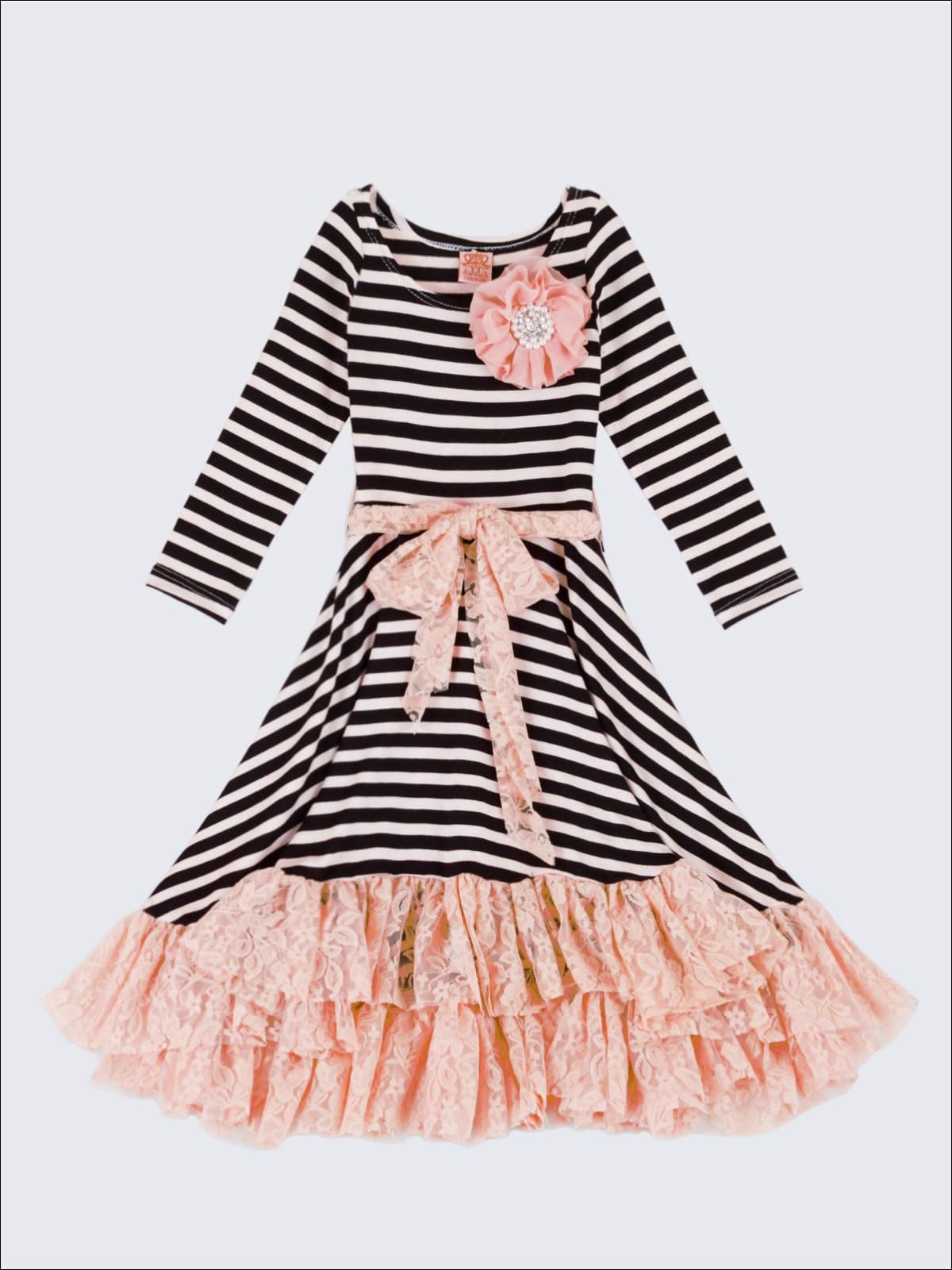 Girls Twirl Dress with Lace Ruffle & Sash - Beige / 2T/3T - Girls Fall Dressy Dress