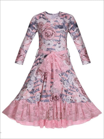 Girls Twirl Dress with Lace Ruffle & Sash - Pink / 2T/3T - Girls Fall Dressy Dress