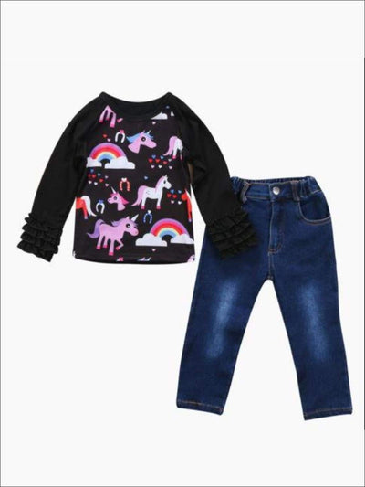 Girls Unicorn Print Black Ruffled Sleeve Top & Jeans Set - Girls Fall Casual Set