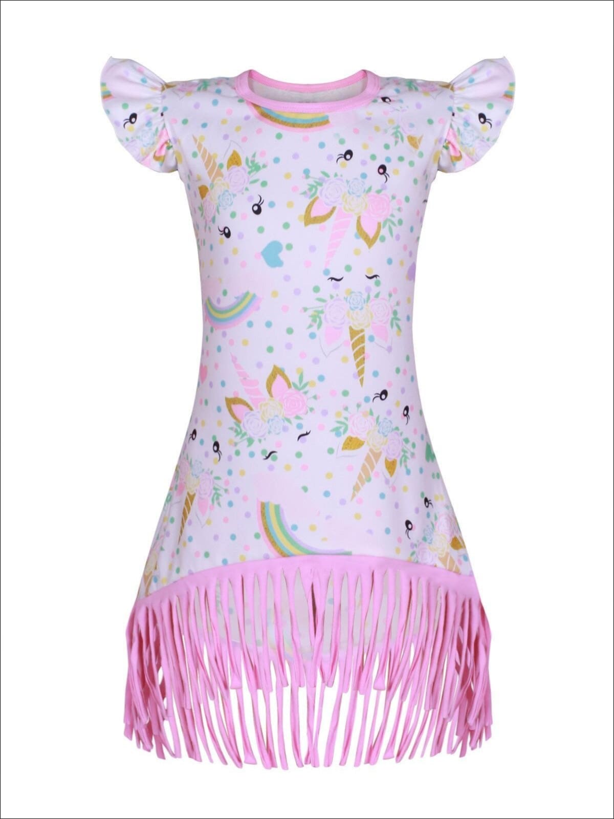 Girls Unicorn Print Flutter Sleeve Front Tie Fringe Hem Dress with Polka Dots Hearts & Rainbows - Girls Spring Casual Dress