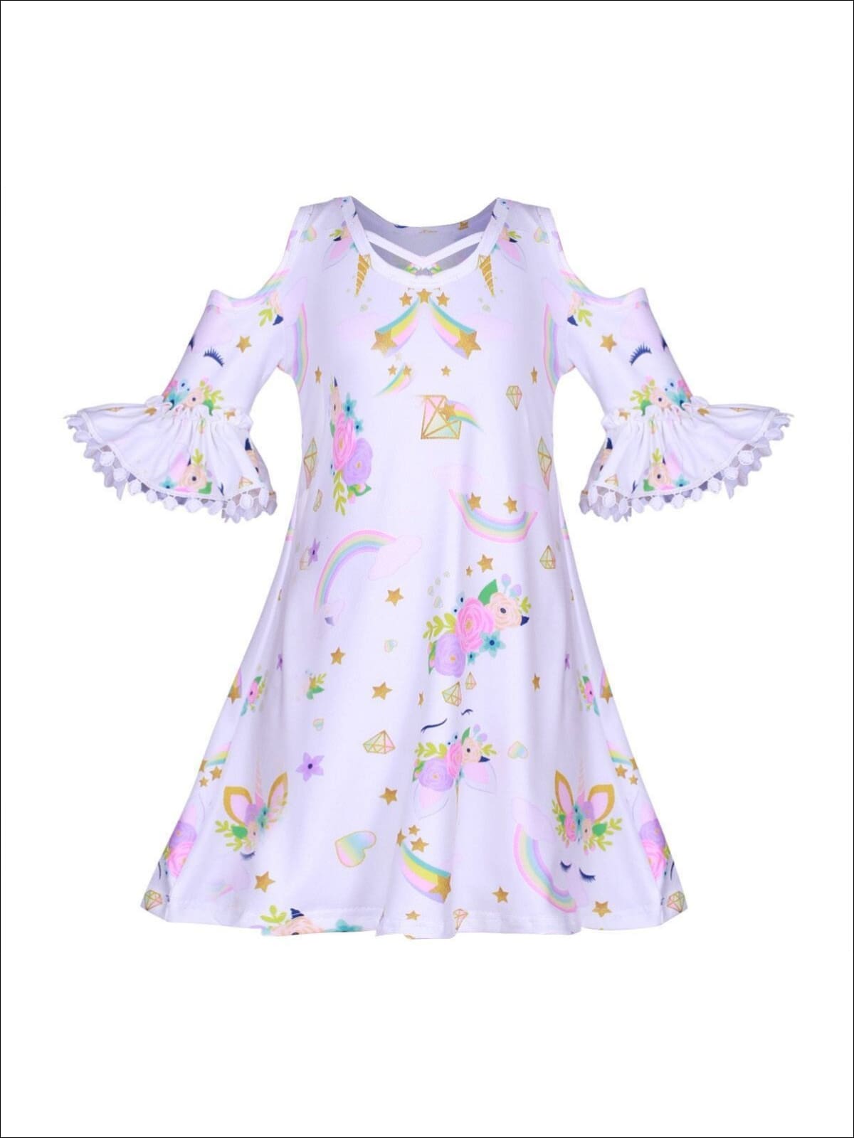 Girls Unicorn Rainbow Print Off the Shoulder Cross Front Dress - Girls Spring Casual Dress