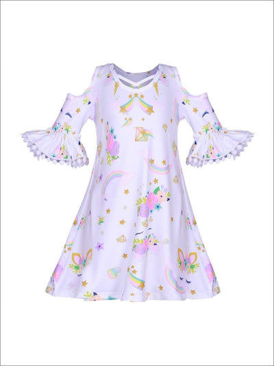 Girls Unicorn Rainbow Print Off the Shoulder Cross Front Dress - Girls Spring Casual Dress