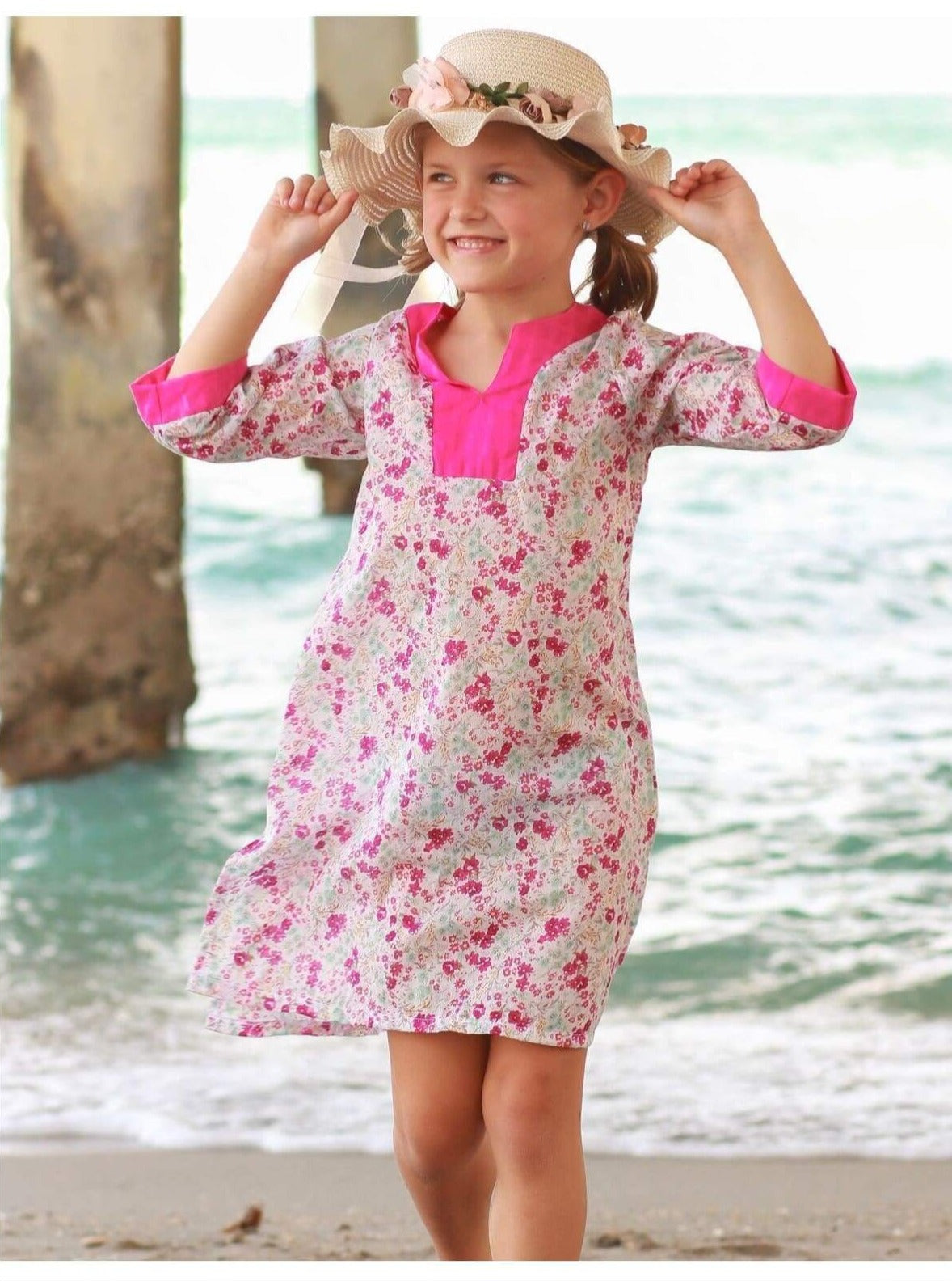 Kids Resort Swimwear | Girls V-Neck Floral Print Caftan Cover Up