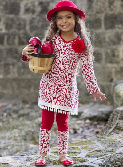 Girls V-Neck Long Sleeve Trimmed Tunic & Cuffed Leggings Set - Red / 2T/3T - Girls Fall Casual Set