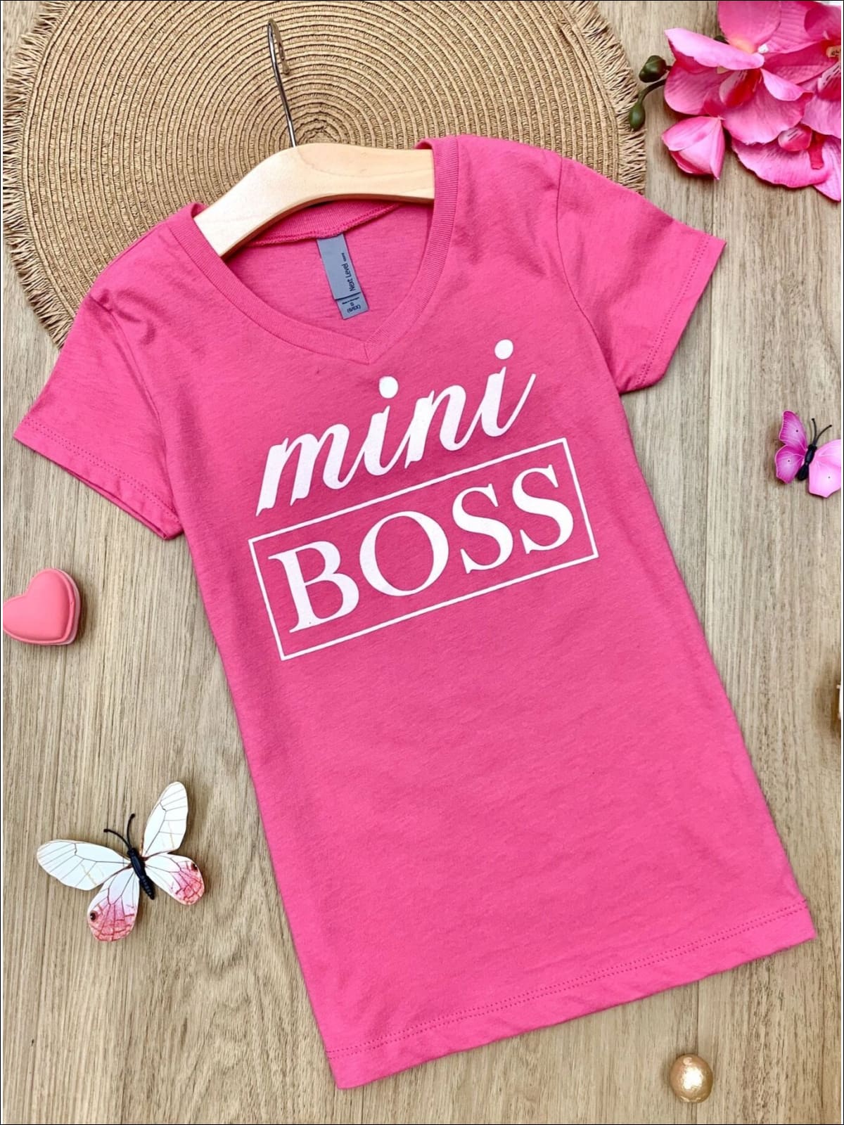 Girls Cute Tops | Pink Mini Boss V-Neck Graphic Tee - Mia Belle Girls