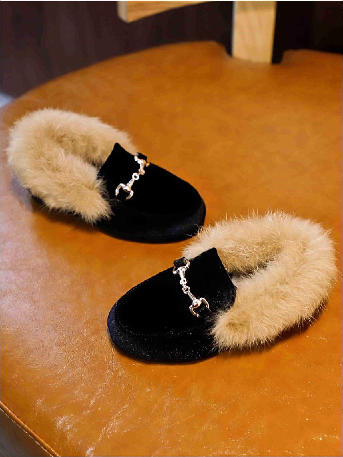 Girls Velvet Faux Fur Loafers - Black / 5.5 - Girls Loafers
