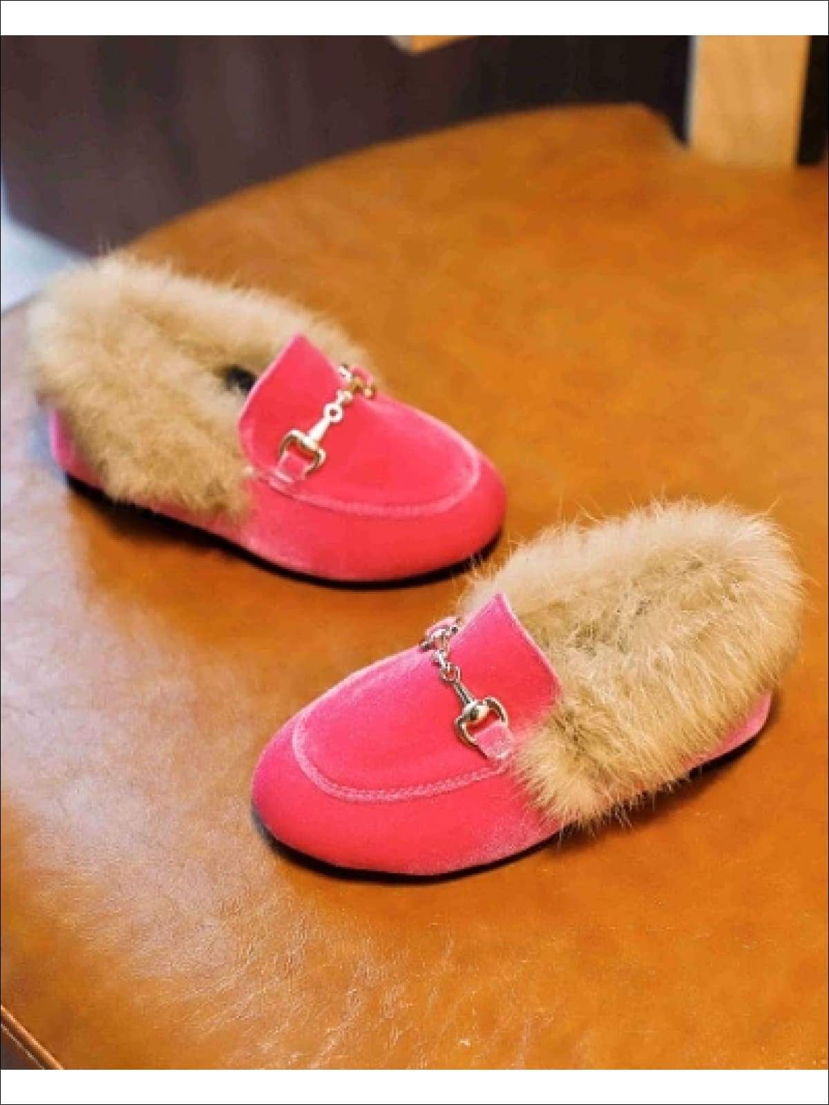 Girls Velvet Faux Fur Loafers - Hot Pink / 5.5 - Girls Loafers