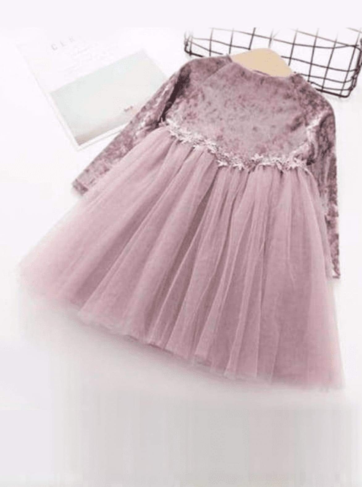 Girls Velvet Tutu Dress with Lace Waist Detail (Pink Blue Gray) - Pink / 2T - Girls Fall Dressy Dress