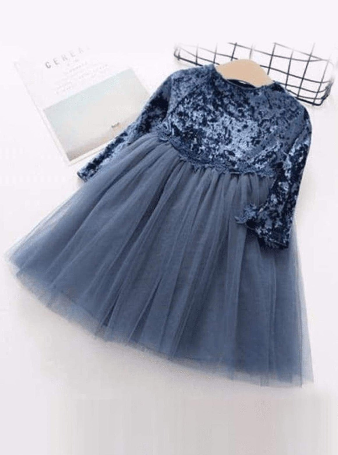 Girls Velvet Tutu Dress with Lace Waist Detail (Pink Blue Gray) - Blue / 2T - Girls Fall Dressy Dress