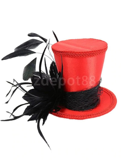 Girls Vintage Feather Fascinator Top Hat - Red - Girls Halloween Costume