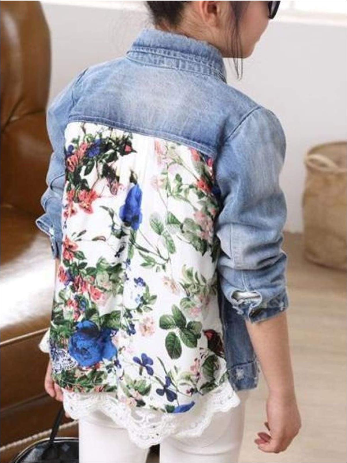 Girls Vintage Floral Print Distressed Denim Jacket - 9 - Girls Jacket