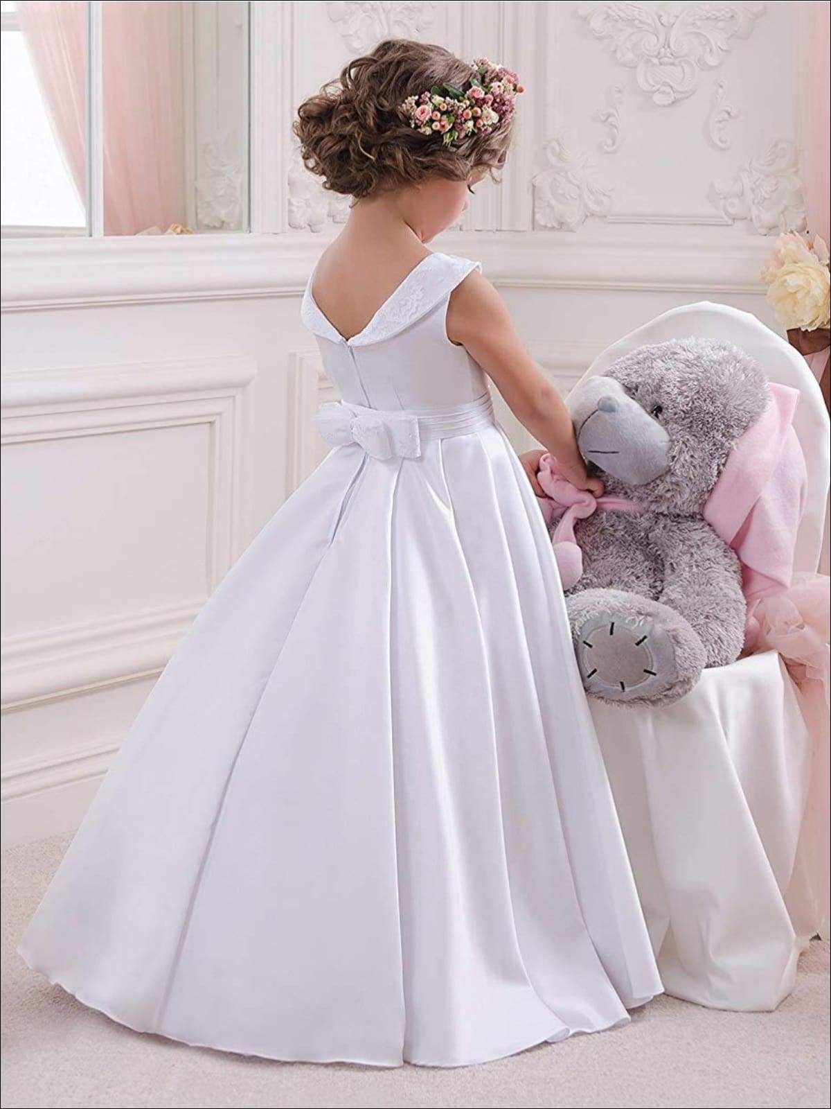Girls Vintage Style Embellished Floor Length Gown with Crystal Applique - Girls Gown