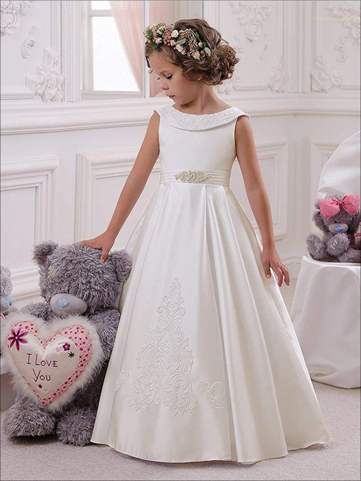 Girls Vintage Style Embellished Floor Length Gown with Crystal Applique - Ivory / 2T - Girls Gown