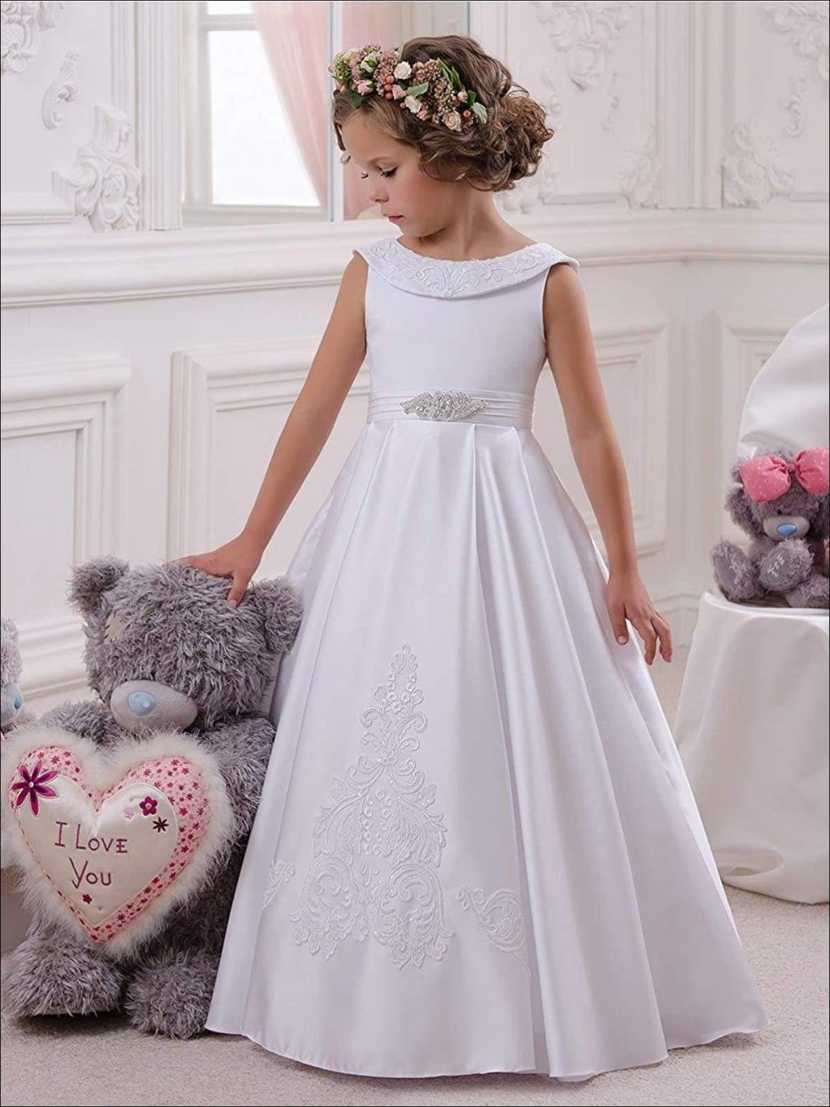 Girls Vintage Style Embellished Floor Length Gown with Crystal Applique - White / 2T - Girls Gown