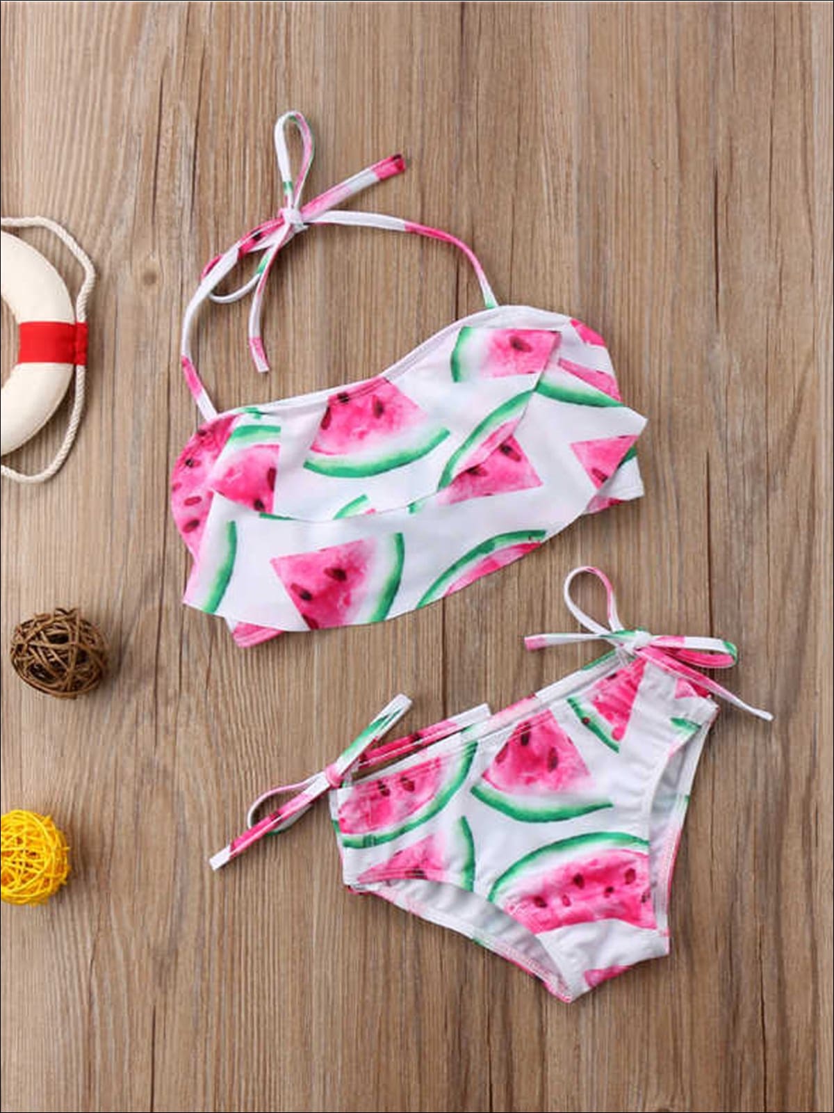 Girls Watermelon Print Self-Tie Two Piece Swimsuit - 4T / White - Girls Two Piece Swimsuit