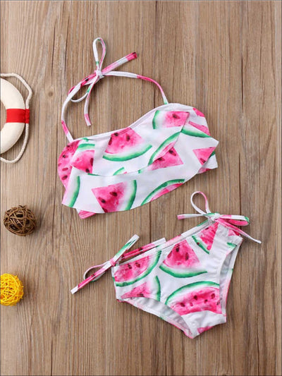 Girls Watermelon Print Self-Tie Two Piece Swimsuit - 4T / White - Girls Two Piece Swimsuit