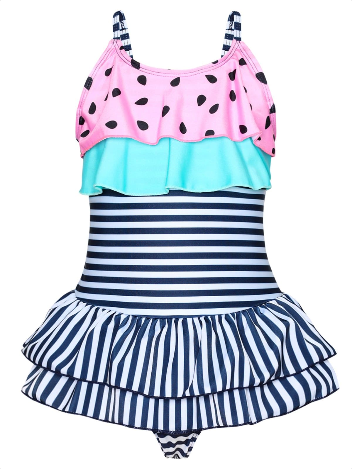 Girls Watermelon Print Striped Ruffled One Piece Swimsuit - Pink / 2T/3T - Girls One Piece Swimsuit