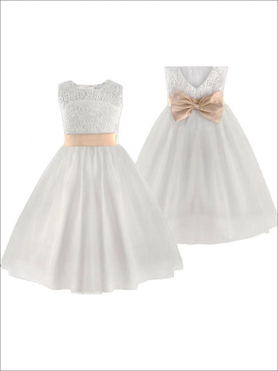 Girls Communion Dresses | White A-Line Lace Open Back Gold Bow Dress ...
