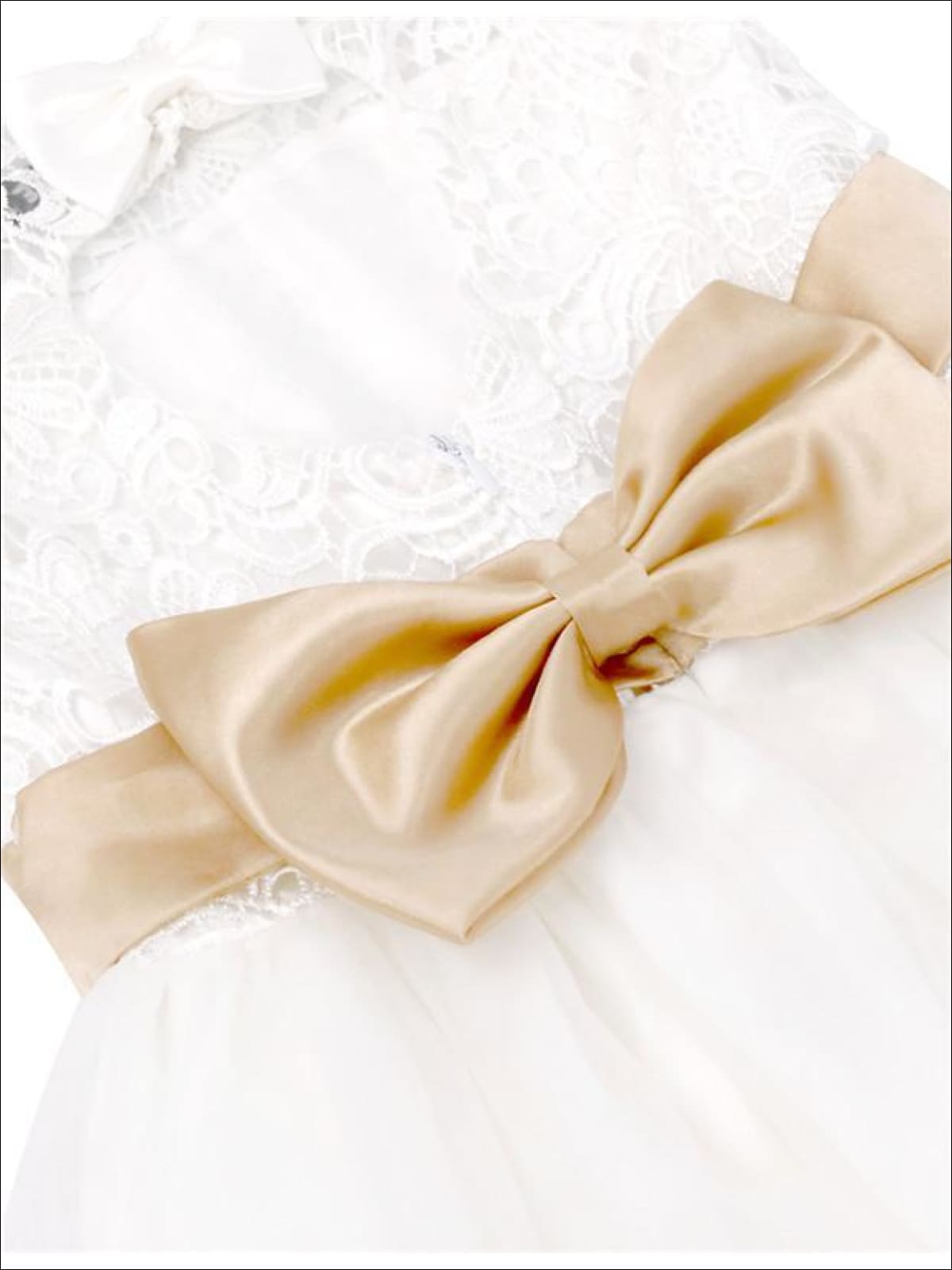 Girls Communion Dresses | White A-Line Lace Open Back Gold Bow Dress