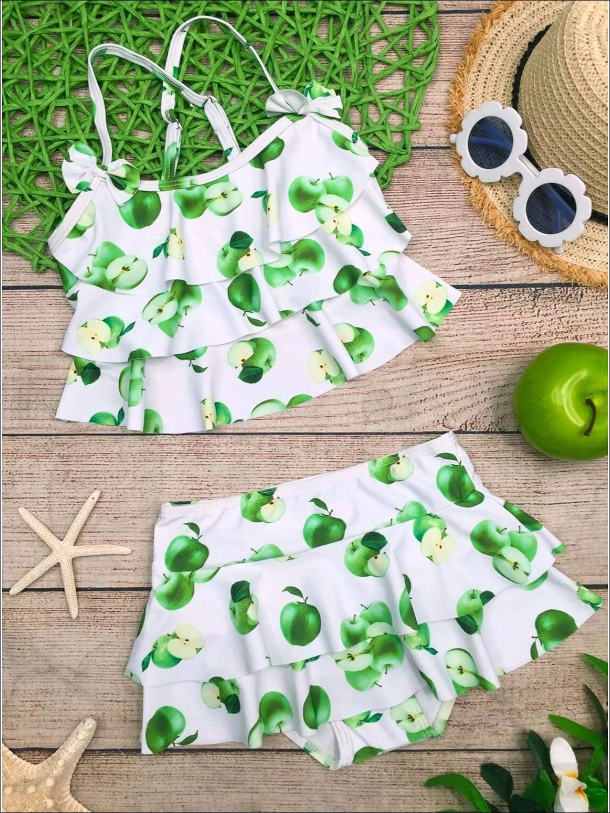 Girls White Apple Print Ruffled Top & Skirted Bottom Two Piece Swimsuit - Girls Two Piece Swimsuit