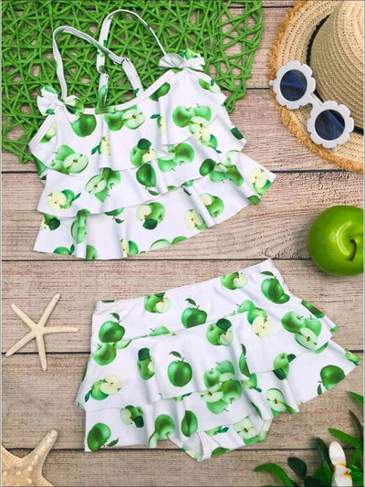 Girls White Apple Print Ruffled Top & Skirted Bottom Two Piece Swimsuit - Girls Two Piece Swimsuit