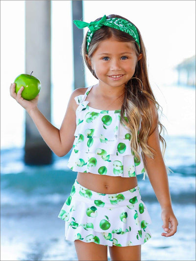 Girls White Apple Print Ruffled Top & Skirted Bottom Two Piece Swimsuit - White / 4T/5Y - Girls Two Piece Swimsuit