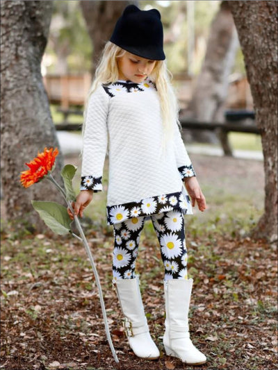 Girls White & Black Daisy Print Long Sleeve Side Slit Cuffed Tunic & Matching Leggings Set - Girls Fall Casual Set