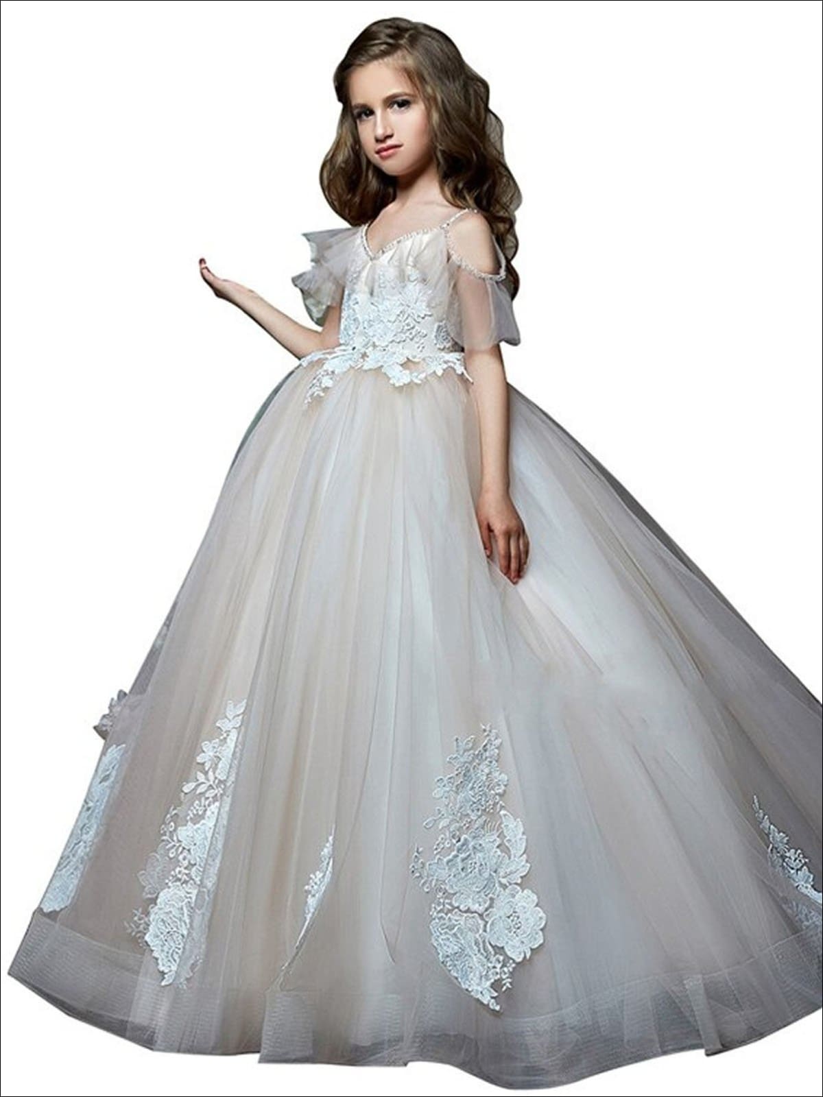Girls White Cold Shoulder Communion Gown - Champagne / 2T - Girls Gowns