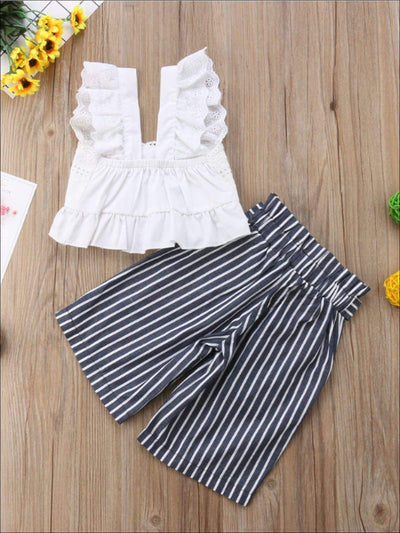 Girls White Eyelet Ruffled Sleeve Cropped Top & Navy Cropped Striped Palazzo Pants - Girls Spring Casual Set