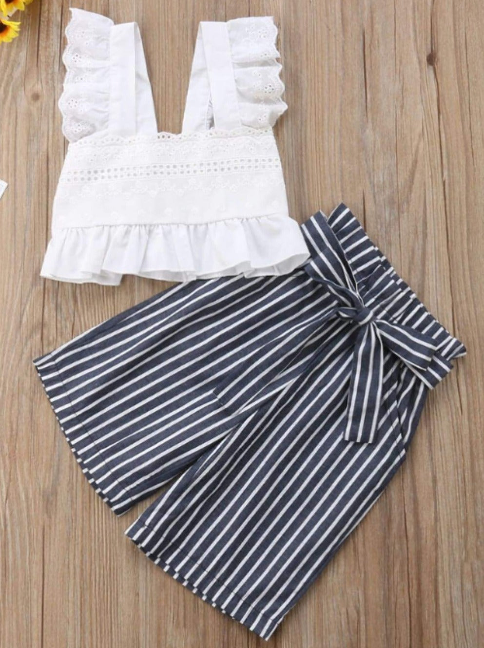 Girls White Eyelet Ruffled Sleeve Cropped Top & Navy Cropped Striped Palazzo Pants - Girls Spring Casual Set