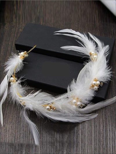 Girls White Feather Pearl Crown Halo Headband - Accessories