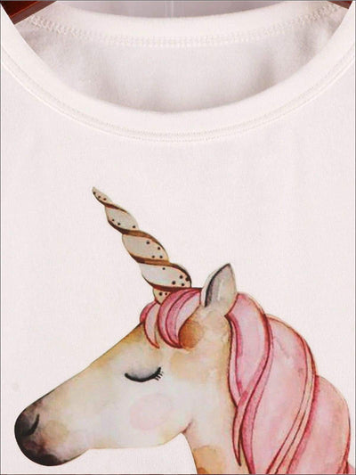 Girls White Floral Unicorn Ruffle Trim Short Sleeve Top & Pink Layered Tutu Skirt Set - Girls Spring Casual Set