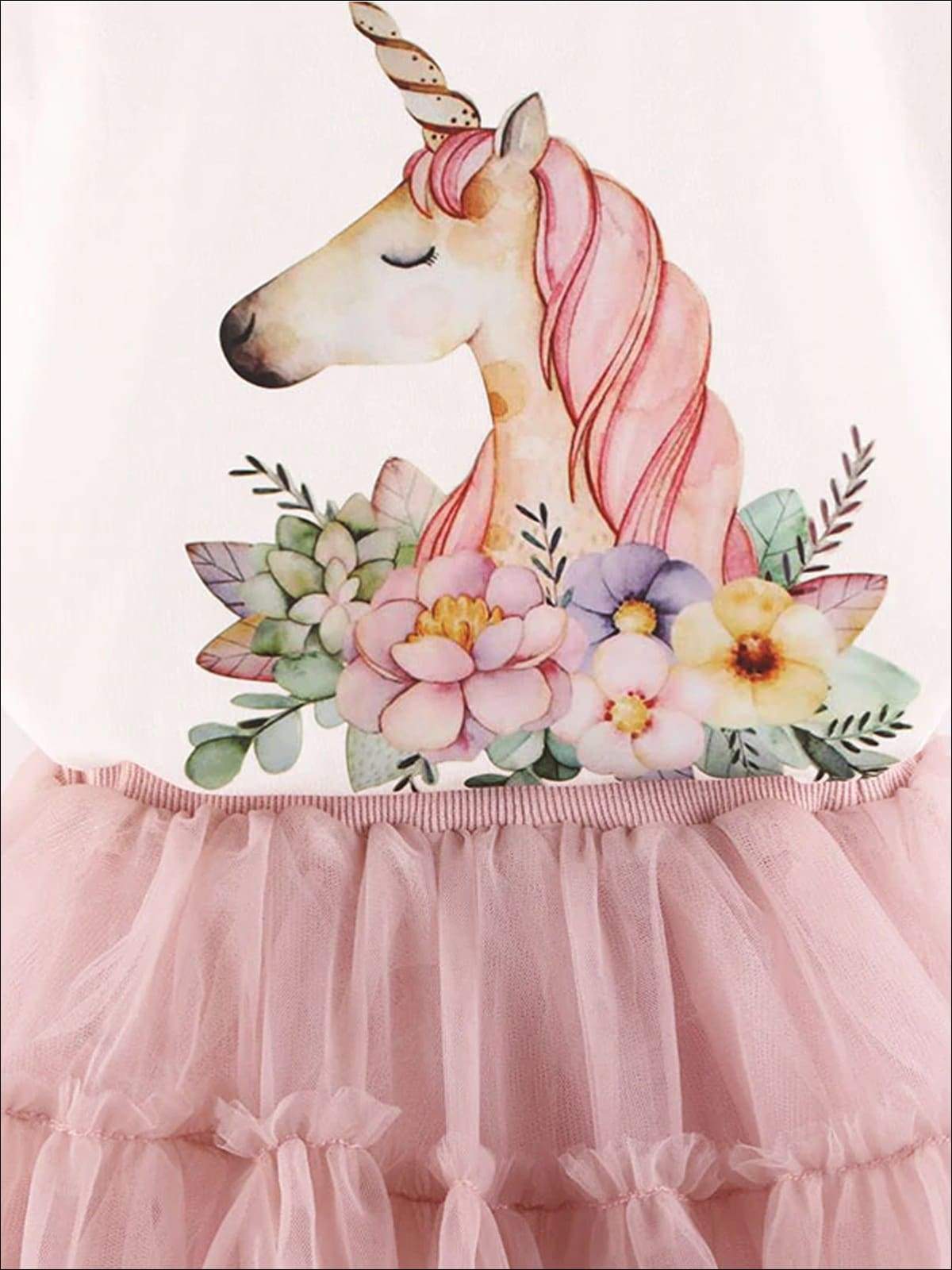 Girls White Floral Unicorn Ruffle Trim Short Sleeve Top & Pink Layered Tutu Skirt Set - Girls Spring Casual Set