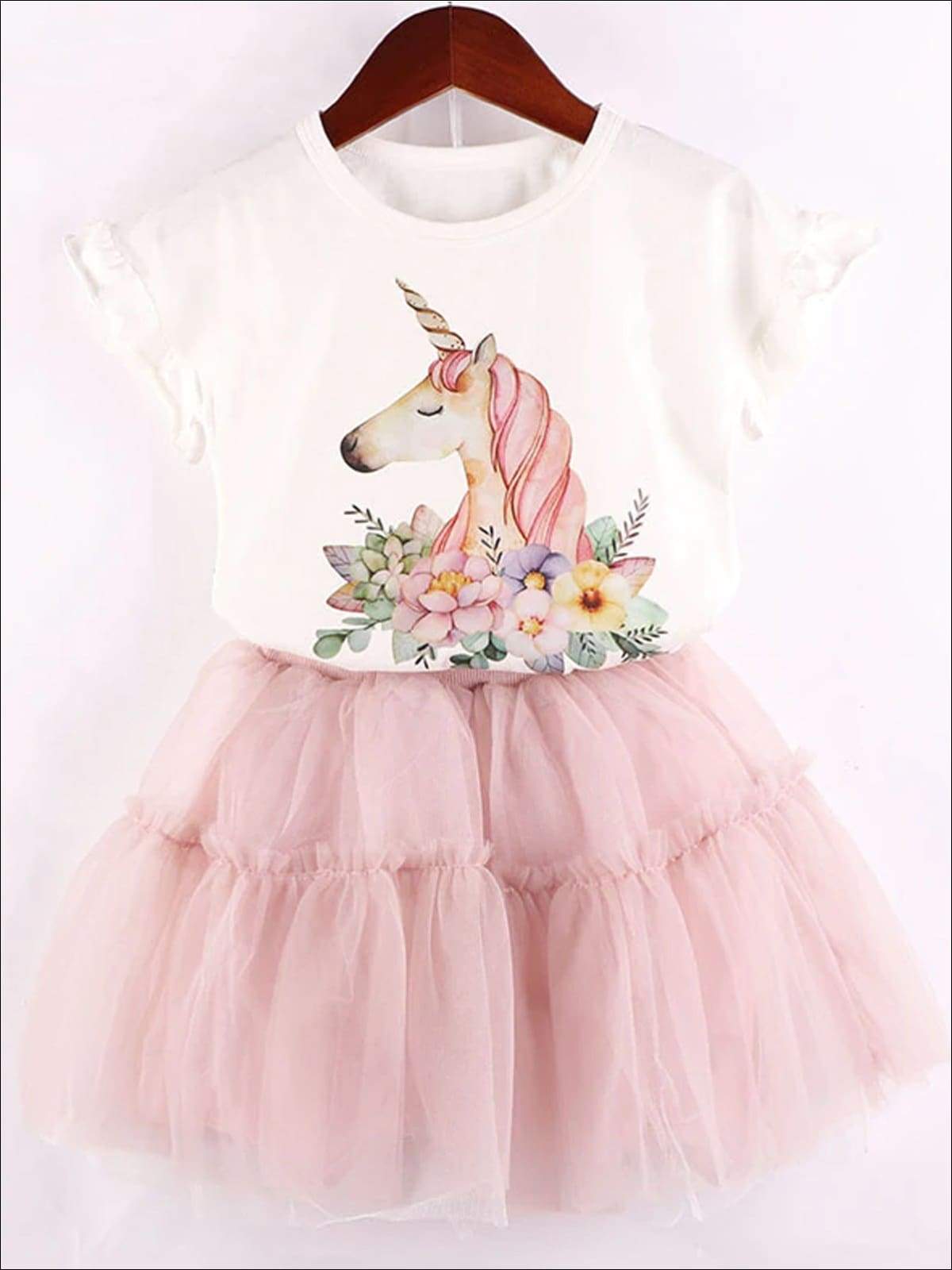 Girls White Floral Unicorn Ruffle Trim Short Sleeve Top & Pink Layered Tutu Skirt Set - White & Pink / 3T - Girls Spring Casual Set