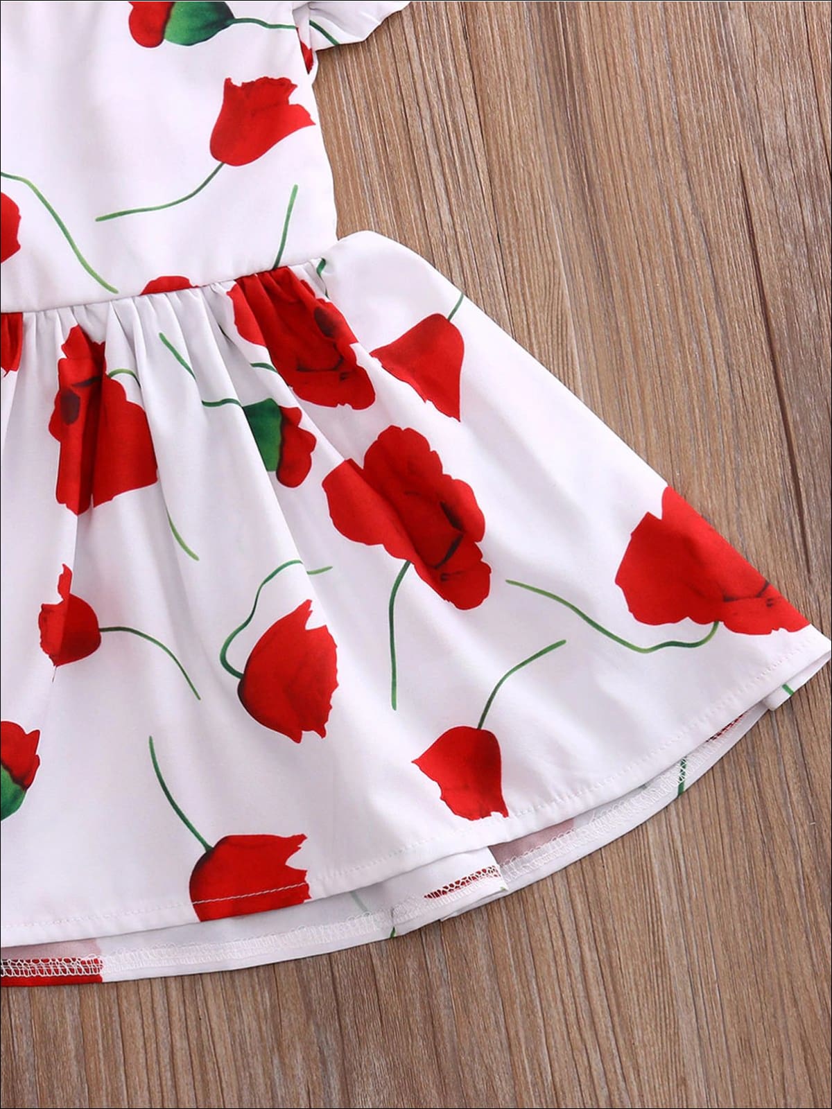 Girls White Flutter Sleeve Tie Back Rose Print Dress - Girls Spring Casual Dress
