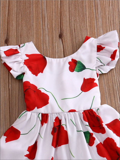 Girls White Flutter Sleeve Tie Back Rose Print Dress - Girls Spring Casual Dress