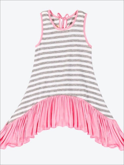 Girls White Gre & Pink Striped Side Tail Ruffle Hem Tunic - White/Grey/Pink / 2T-3T - Girls Spring Top